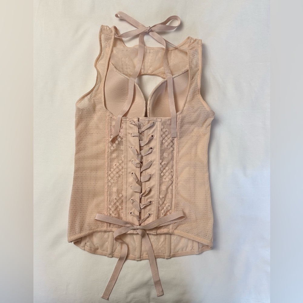Victoria's Secret Lace Corset Blush Pink High Neck Side Zip Size 34B Romantic - Picture 7 of 13